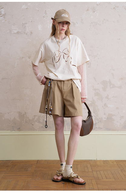 Cut-Out Bow Embroidered T-Shirt With Lace Sleeves