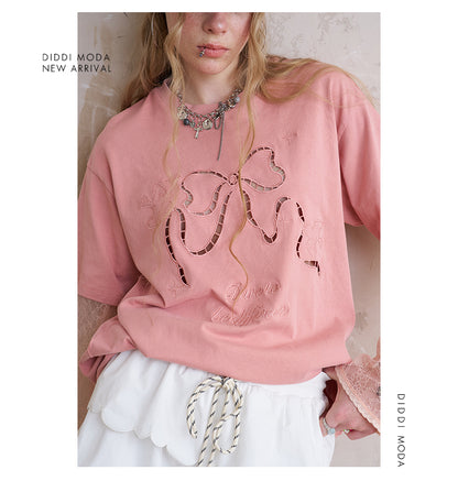 Cut-Out Bow Embroidered T-Shirt With Lace Sleeves