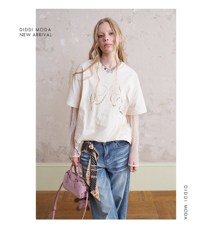 Cut-Out Bow Embroidered T-Shirt With Lace Sleeves