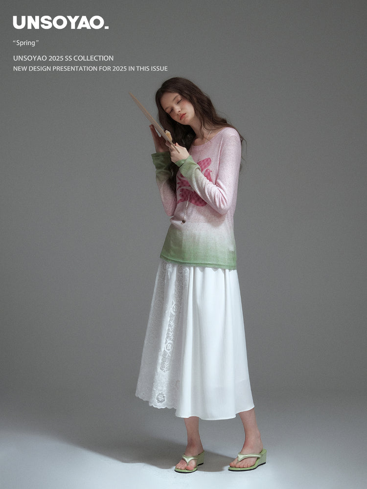 Elastic-Waist Midi Lace Skirt With Scallop Hem