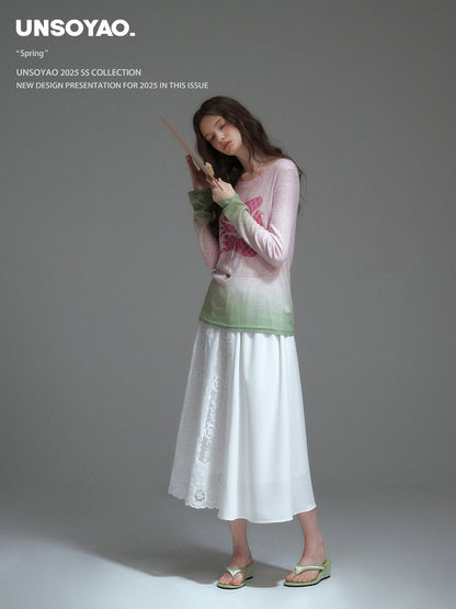 Elastic-Waist Midi Lace Skirt With Scallop Hem