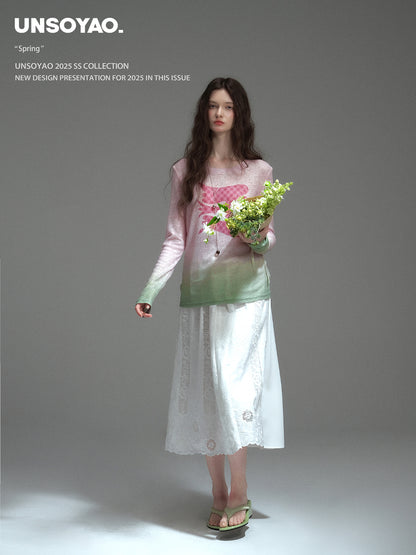 Elastic-Waist Midi Lace Skirt With Scallop Hem