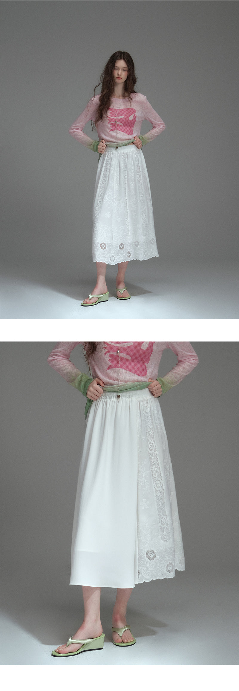 Elastic-Waist Midi Lace Skirt With Scallop Hem