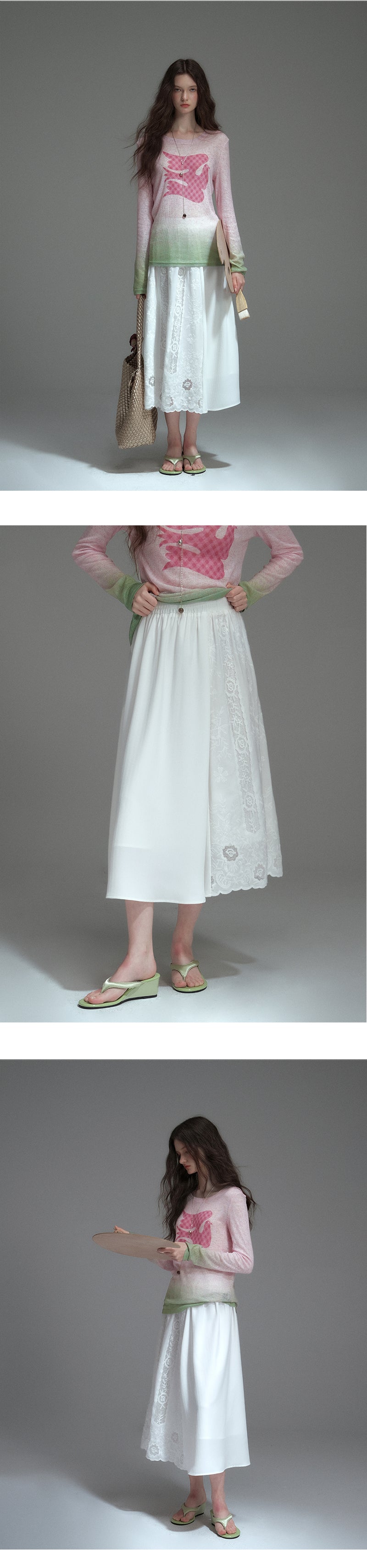 Elastic-Waist Midi Lace Skirt With Scallop Hem