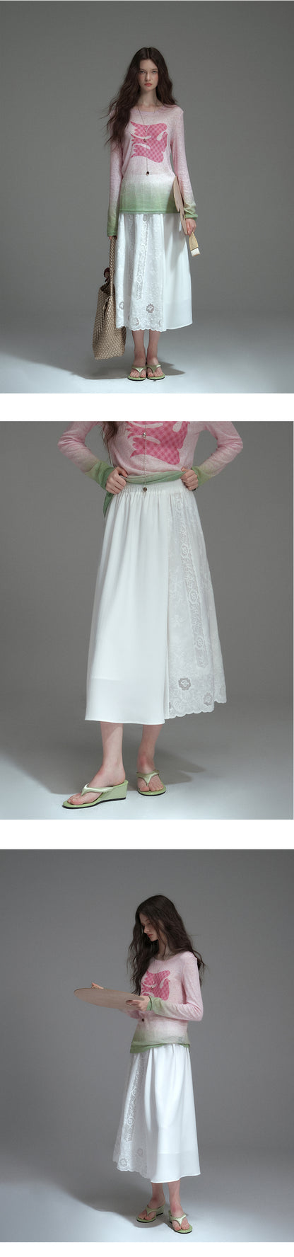 Elastic-Waist Midi Lace Skirt With Scallop Hem