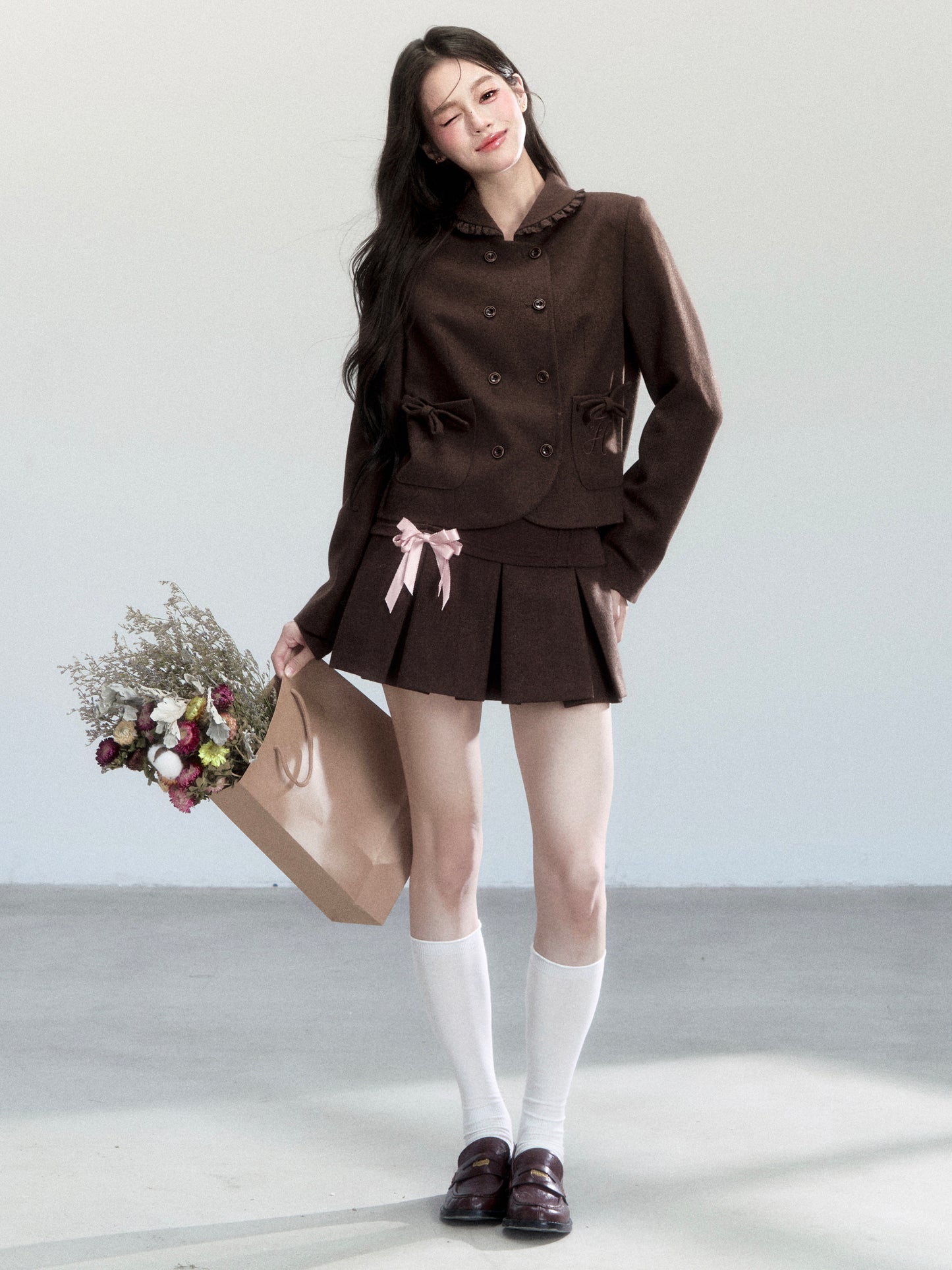 Double Breasted Jacket, Matching Top And Skirt With Bow