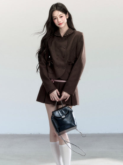 Double Breasted Jacket, Matching Top And Skirt With Bow