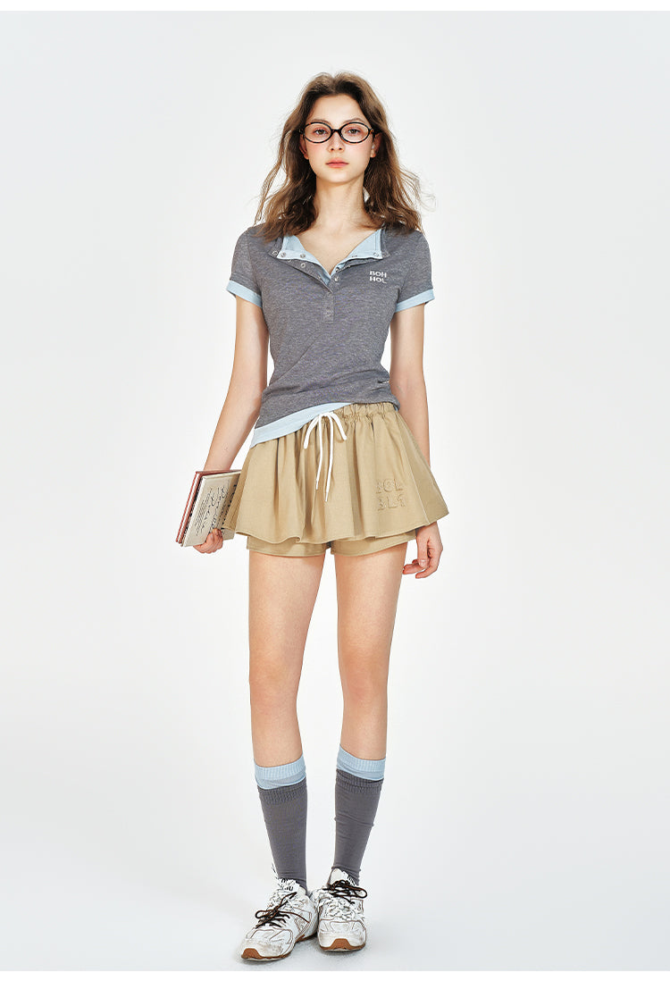 Low Waist Puffy Micro Mini Skort With Drawstring