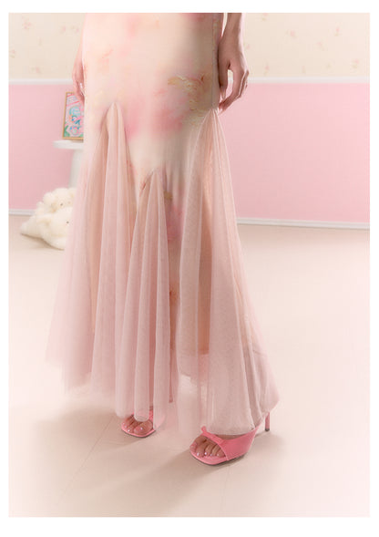Butterfly Print Tulle-Hem Cami Dress