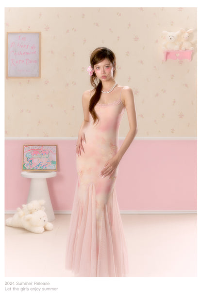 Butterfly Print Tulle-Hem Cami Dress