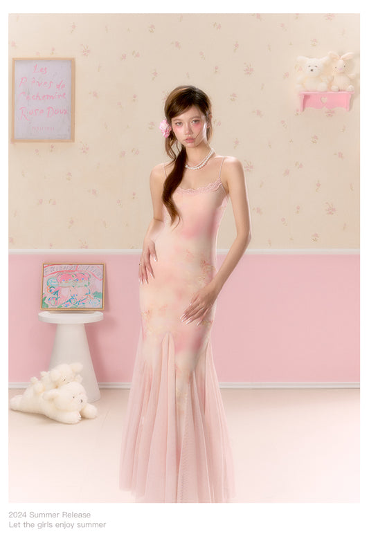 Butterfly Print Tulle-Hem Cami Dress