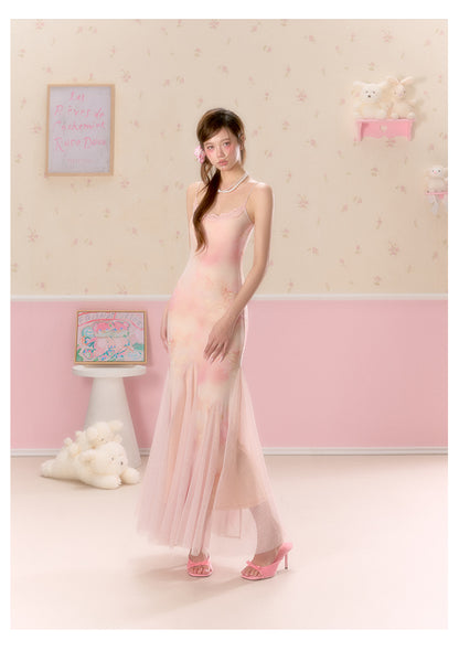 Butterfly Print Tulle-Hem Cami Dress