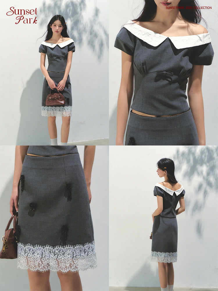 Wide-Neck Top And Lace-Trimmed Beaded Skirt
