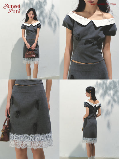 Wide-Neck Top And Lace-Trimmed Beaded Skirt