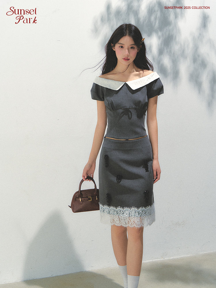 Wide-Neck Top And Lace-Trimmed Beaded Skirt