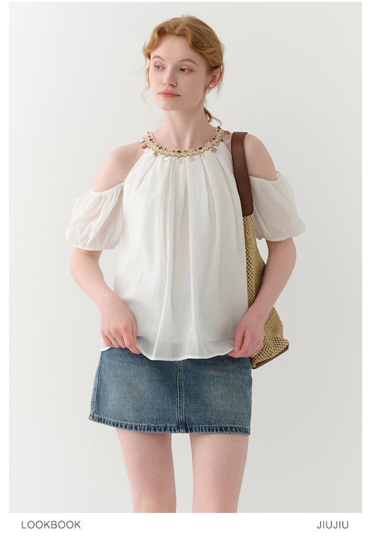 Cold-Shoulder Blouse With Beaded Neckline