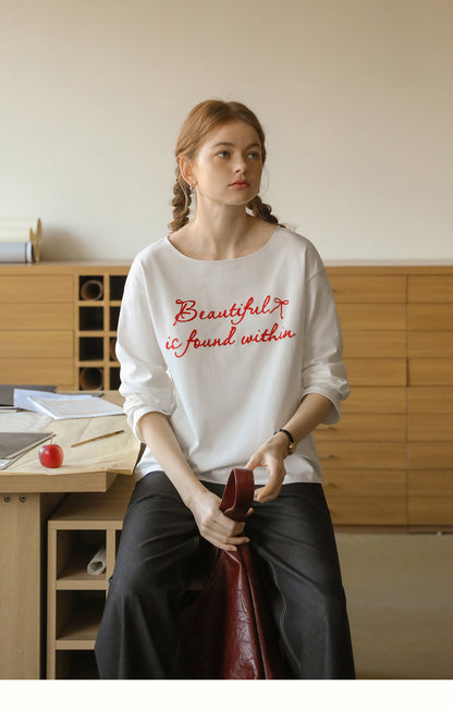 Wide Neck T-Shirt With Letter Embroidery
