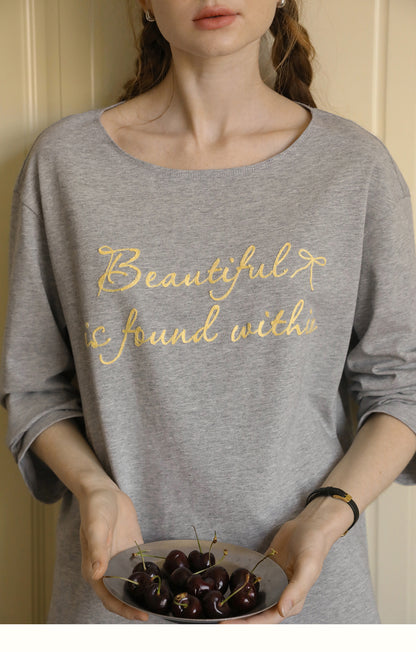 Wide Neck T-Shirt With Letter Embroidery