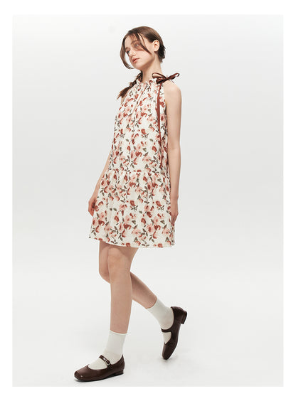 Sleeveless Textured Floral Dress With Gathered Neck