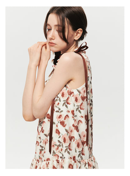 Sleeveless Textured Floral Dress With Gathered Neck