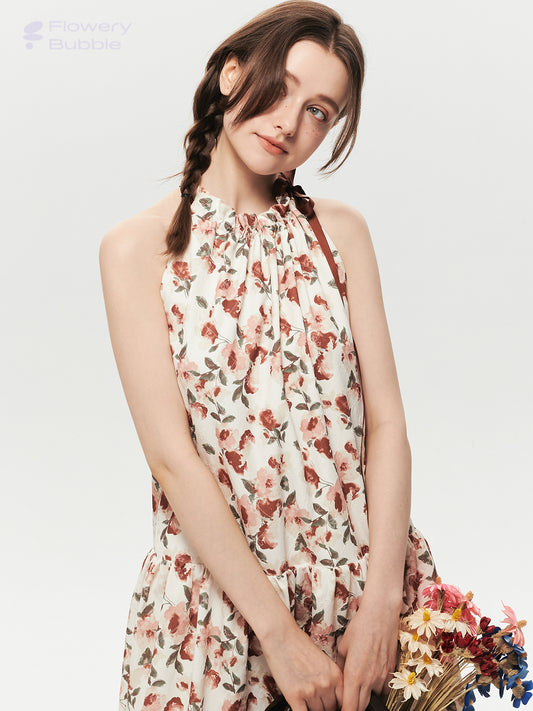 Sleeveless Textured Floral Dress With Gathered Neck