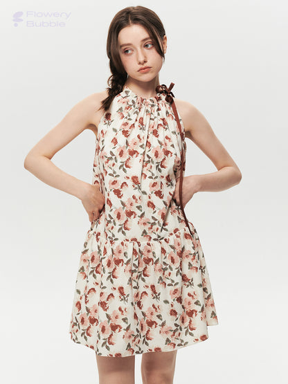 Sleeveless Textured Floral Dress With Gathered Neck