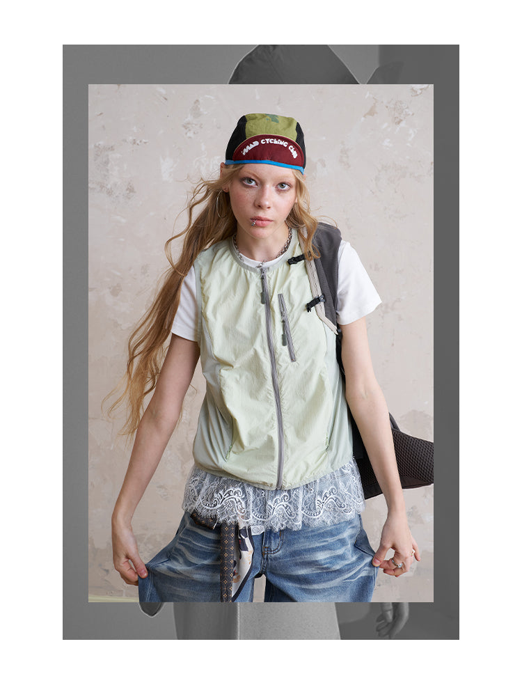 Nylon Zip-Up Utility Vest With Bow Print