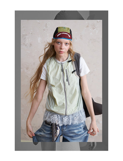 Nylon Zip-Up Utility Vest With Bow Print
