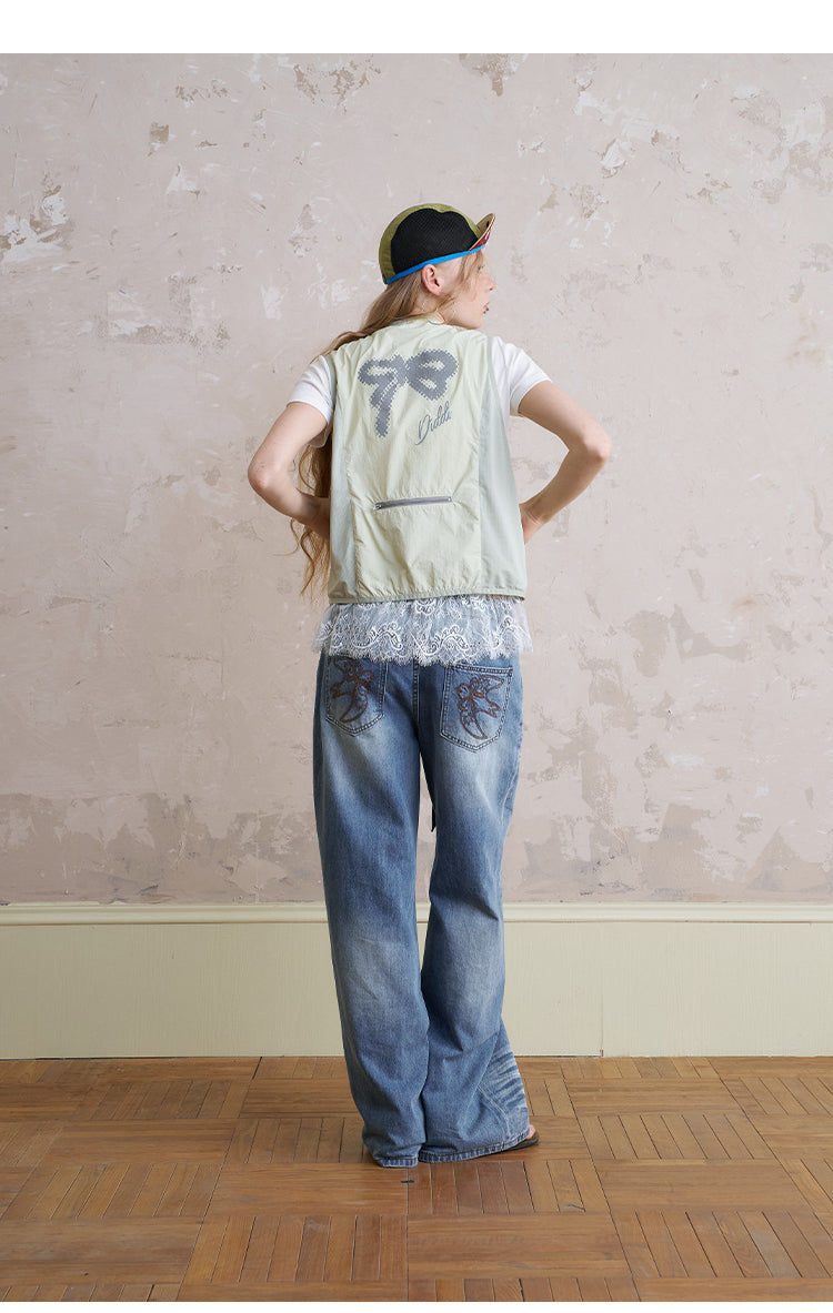 Nylon Zip-Up Utility Vest With Bow Print