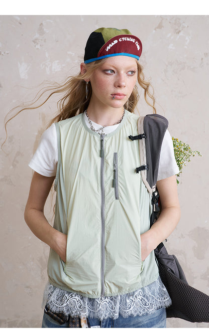 Nylon Zip-Up Utility Vest With Bow Print