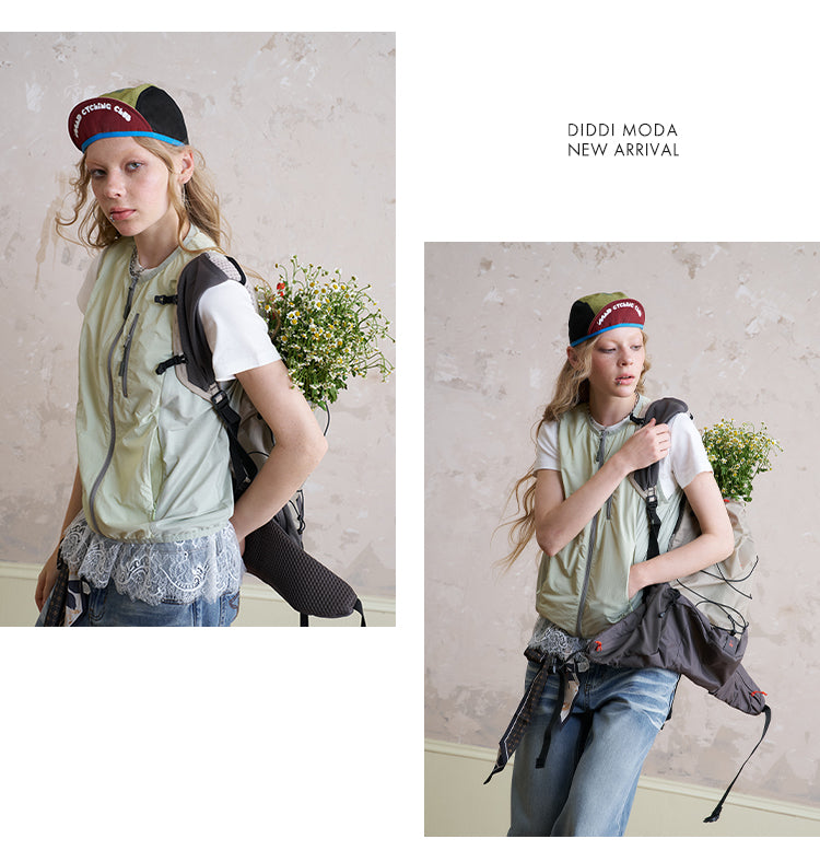 Nylon Zip-Up Utility Vest With Bow Print