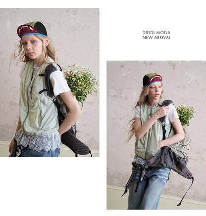 Nylon Zip-Up Utility Vest With Bow Print