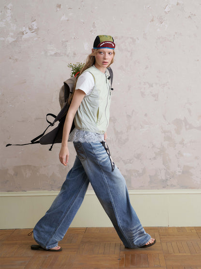 Nylon Zip-Up Utility Vest With Bow Print