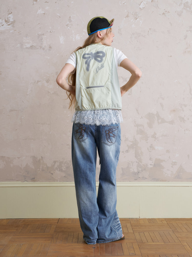 Nylon Zip-Up Utility Vest With Bow Print