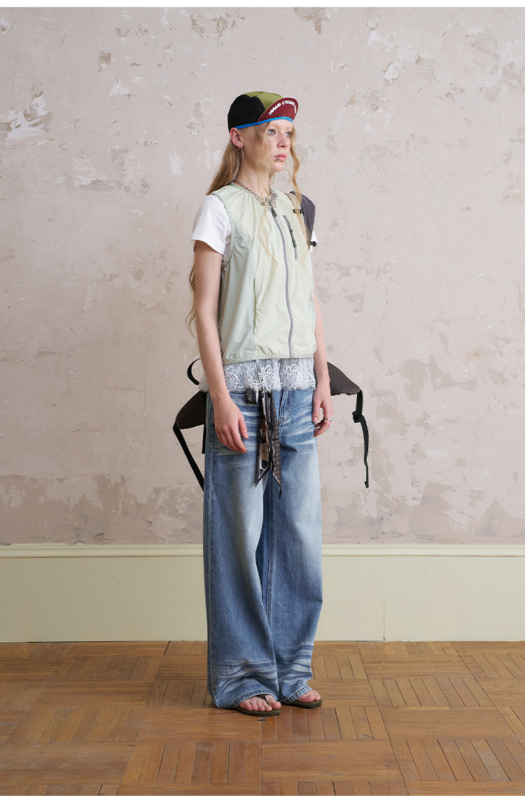 Nylon Zip-Up Utility Vest With Bow Print