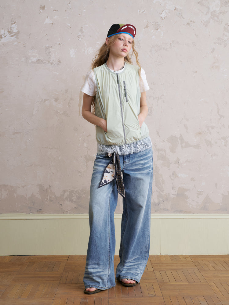 Nylon Zip-Up Utility Vest With Bow Print