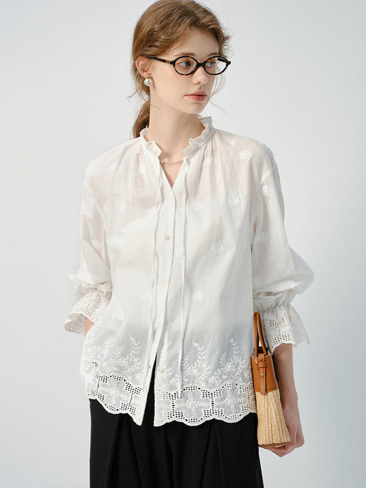 Embroidered Cotton Blouse With Ruffled Tie Neck