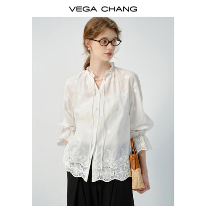 Embroidered Cotton Blouse With Ruffled Tie Neck