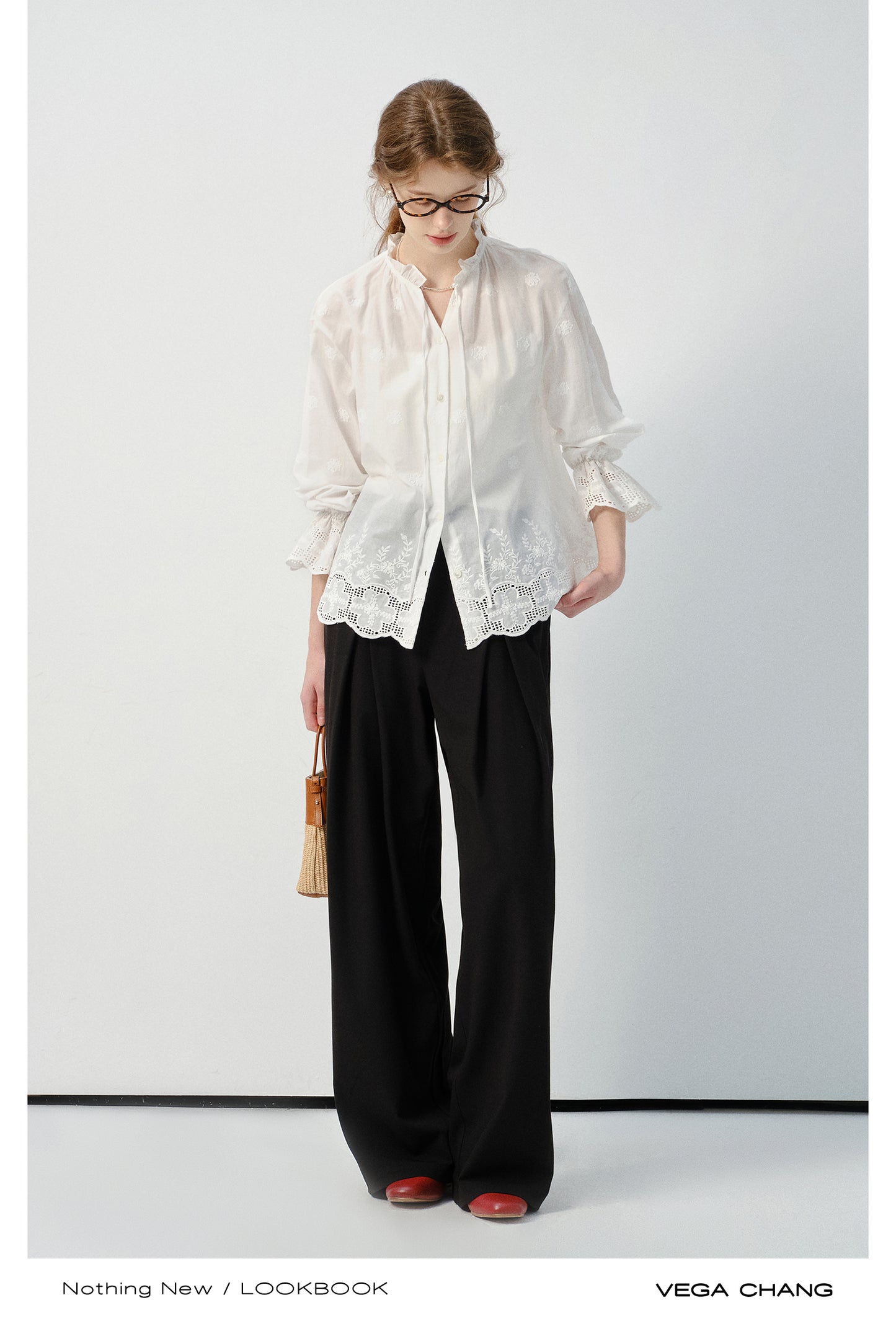 Embroidered Cotton Blouse With Ruffled Tie Neck