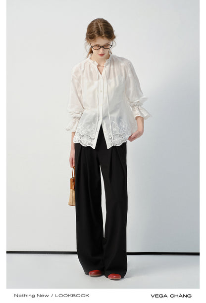 Embroidered Cotton Blouse With Ruffled Tie Neck