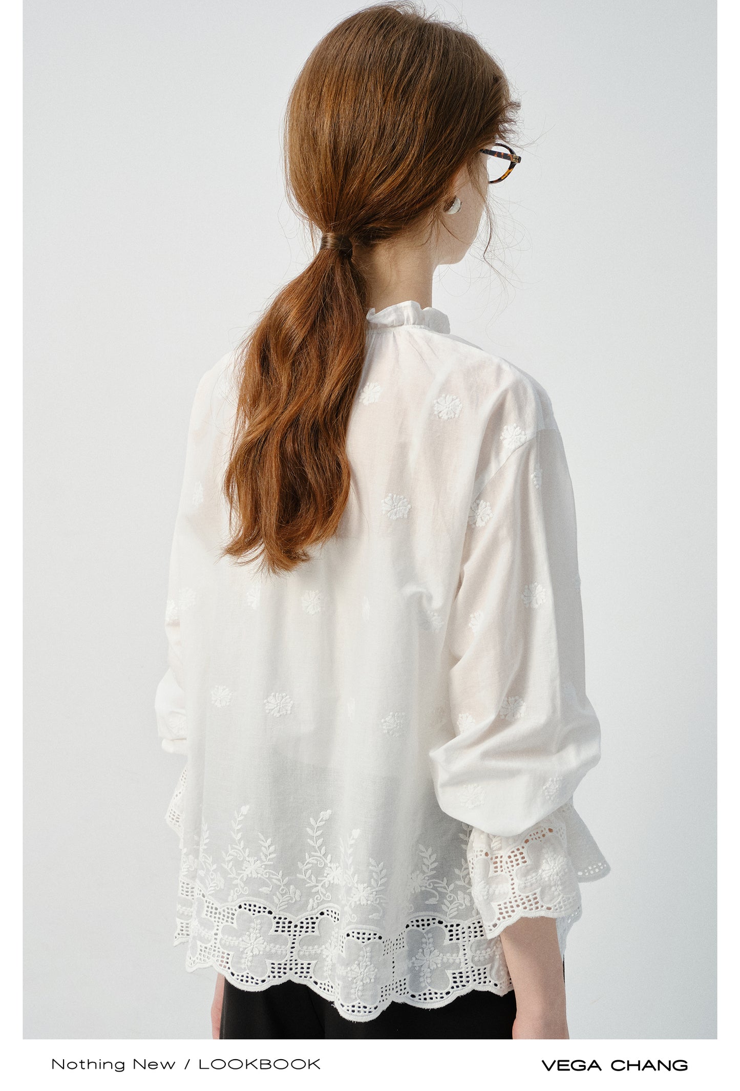 Embroidered Cotton Blouse With Ruffled Tie Neck