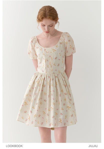 Floral Bow Pattern Pintuck Dress With Back Tie