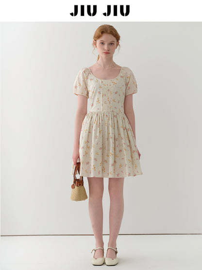 Floral Bow Pattern Pintuck Dress With Back Tie