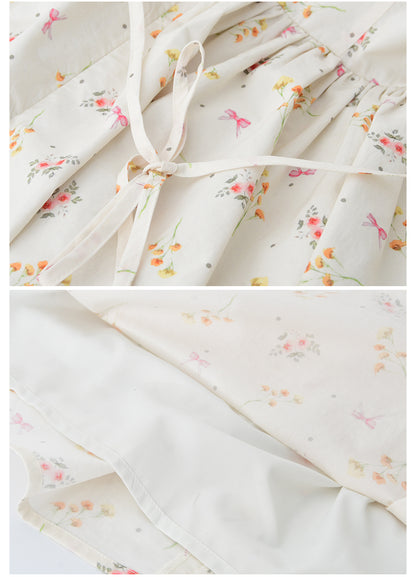 Floral Bow Pattern Pintuck Dress With Back Tie