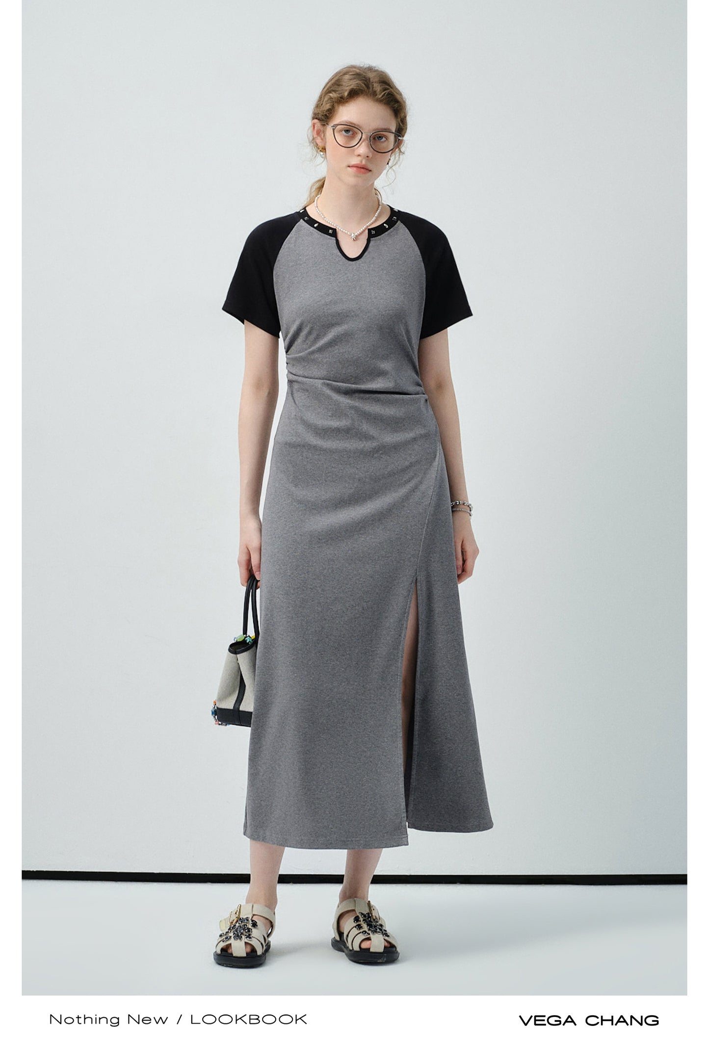 Studded-Neck Contrast T-Shirt Dress With Side Slit