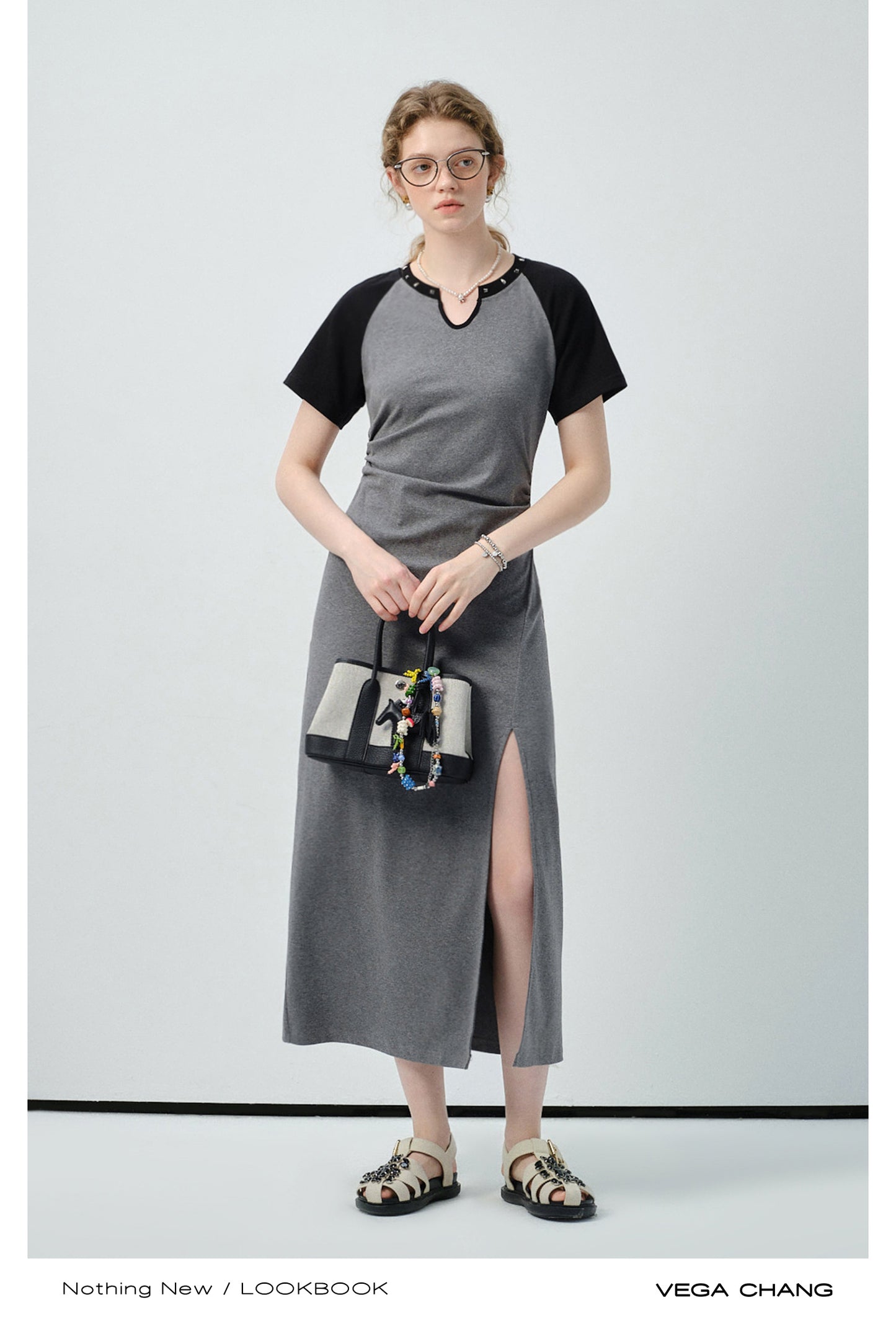 Studded-Neck Contrast T-Shirt Dress With Side Slit
