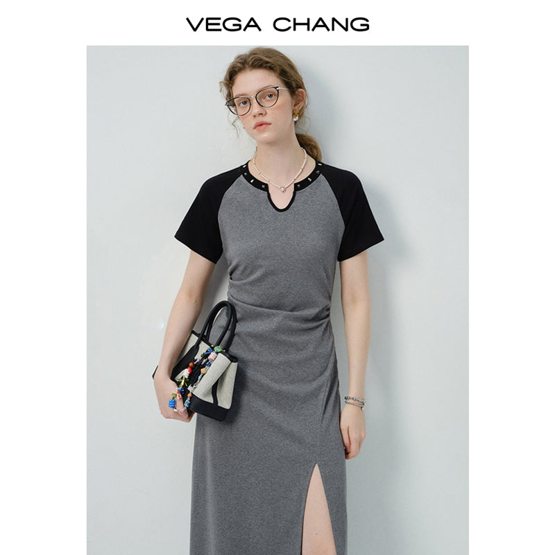 Studded-Neck Contrast T-Shirt Dress With Side Slit