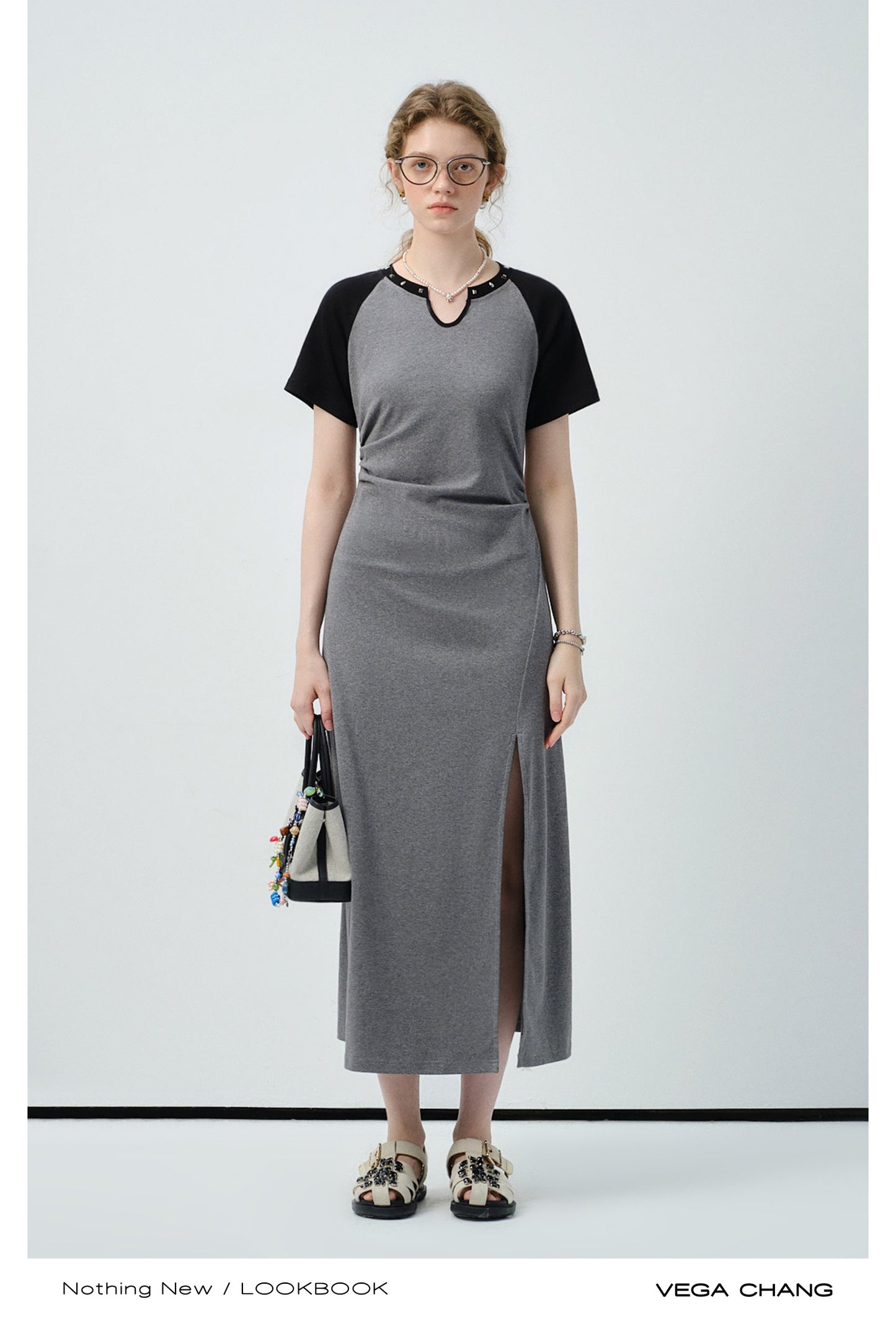 Studded-Neck Contrast T-Shirt Dress With Side Slit