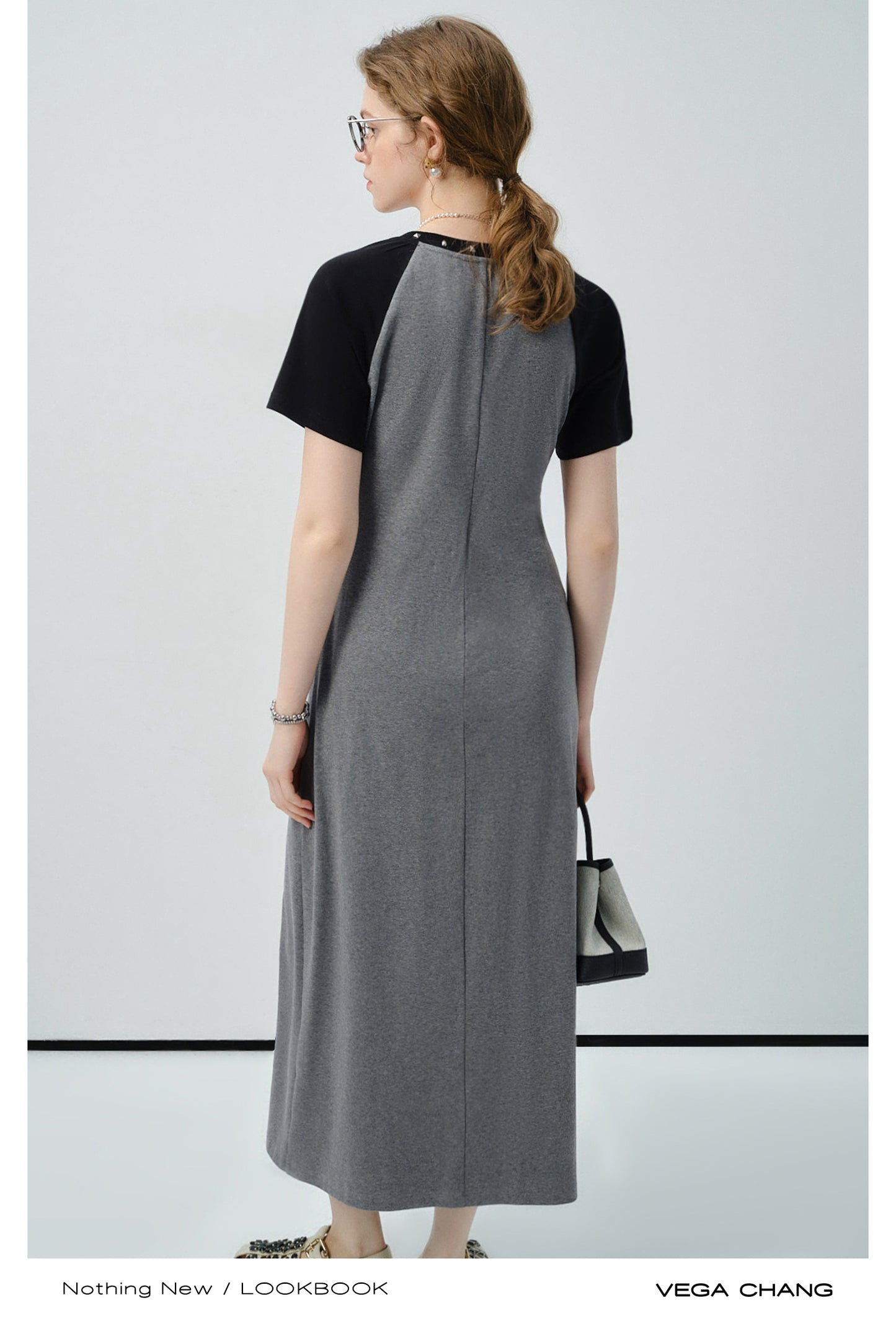 Studded-Neck Contrast T-Shirt Dress With Side Slit