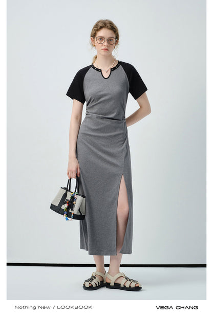 Studded-Neck Contrast T-Shirt Dress With Side Slit